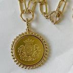Gold Shield Coin Pendant-Gold Paperclip Chain- Shield Pendant with Textured Bezel-Toggle Clasp