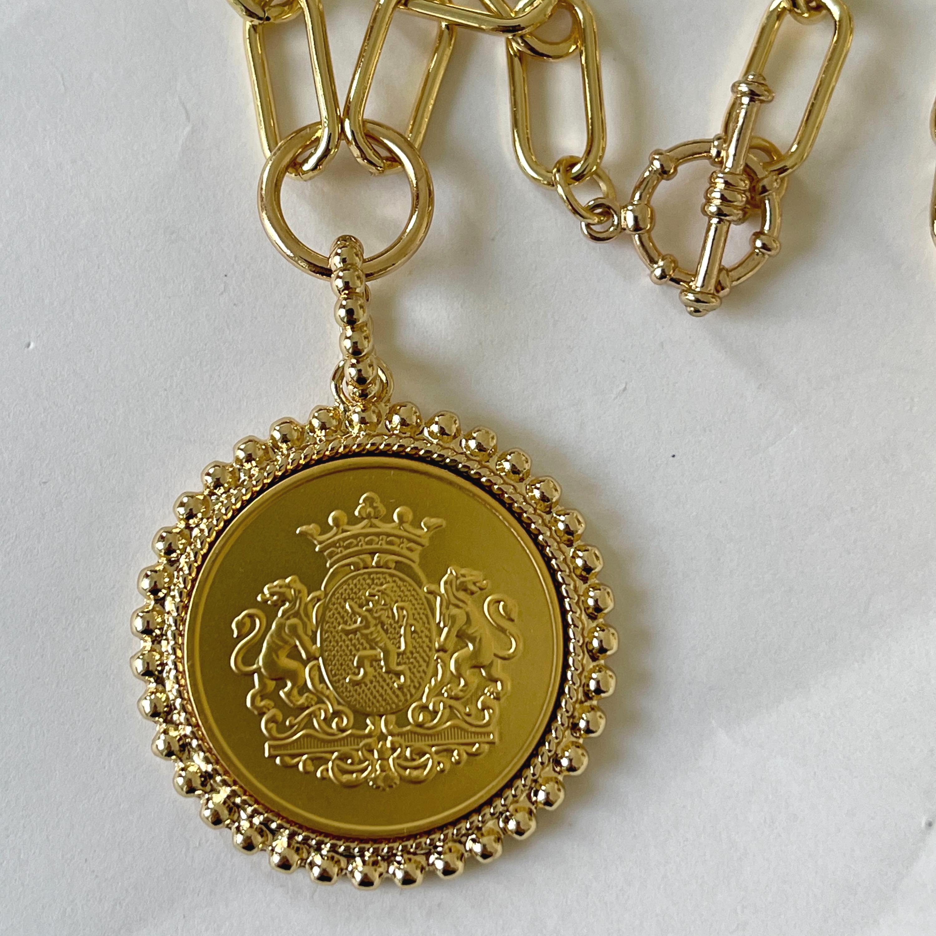 Gold Shield Coin Pendant-Gold Paperclip Chain- Shield Pendant with Textured Bezel-Toggle Clasp