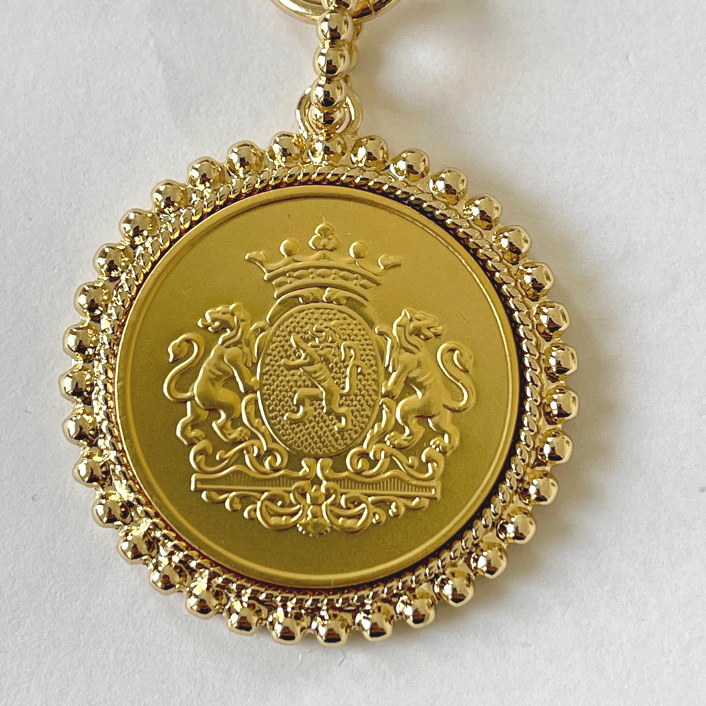 Gold Shield Coin Pendant-Gold Paperclip Chain- Shield Pendant with Textured Bezel-Toggle Clasp