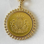 Gold Shield Coin Pendant-Gold Paperclip Chain- Shield Pendant with Textured Bezel-Toggle Clasp