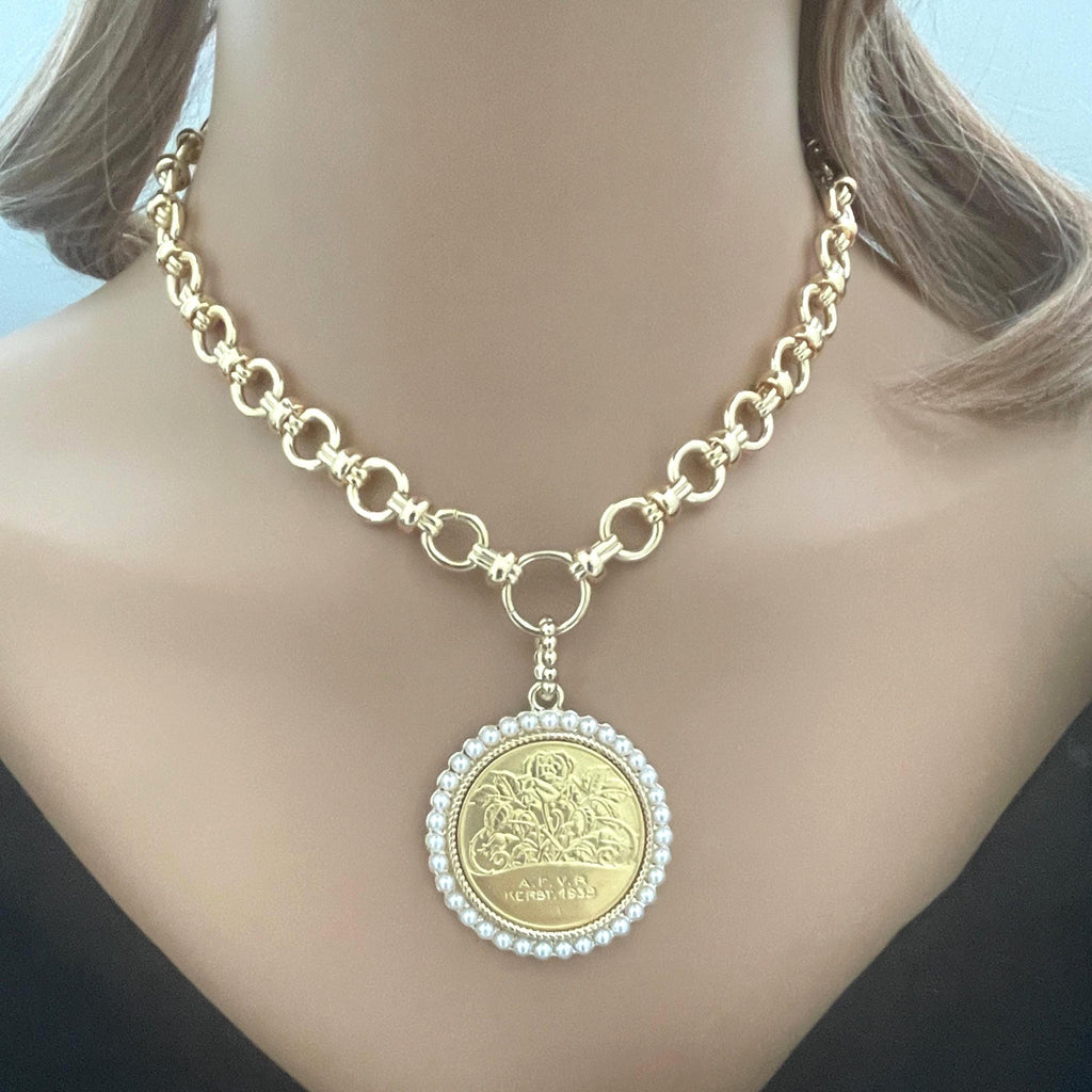 Gold Rose Coin Pendant with Textured Pearl Bezel- Gold Multi Link Chain-Rose Flower Coin- Floral Pearl Pendant- Lobster Clasp