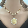 Gold Rose Designed Coin Pendant Necklace – Pearl Bezel, Multi-Link Chain-Gift For Her
