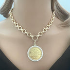 Gold Rose Coin Pendant with Textured Pearl Bezel- Gold Multi Link Chain-Rose Flower Coin- Floral Pearl Pendant- Lobster Clasp
