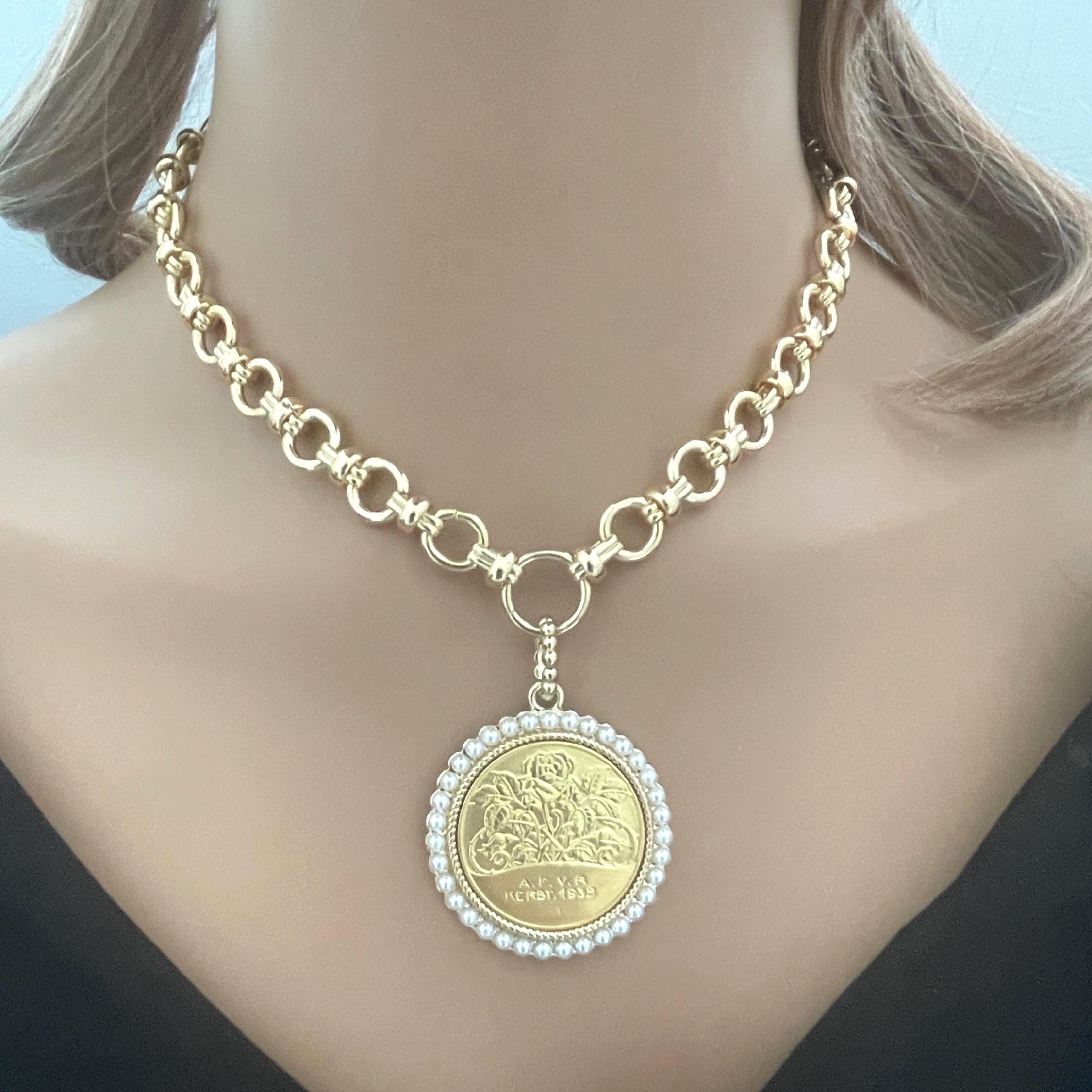 Gold Rose Coin Pendant with Textured Pearl Bezel- Gold Multi Link Chain-Rose Flower Coin- Floral Pearl Pendant- Lobster Clasp