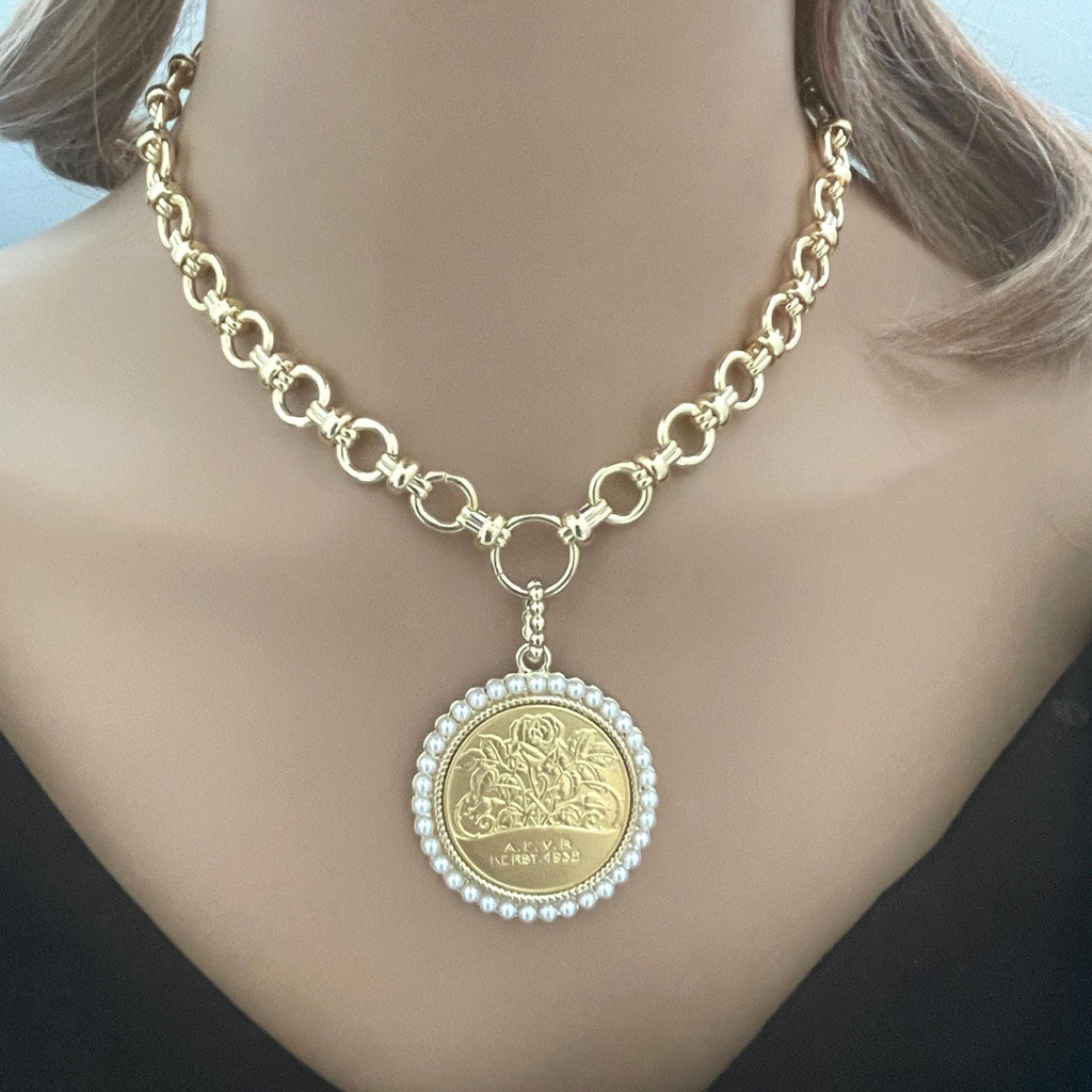 Gold Rose Coin Pendant with Textured Pearl Bezel- Gold Multi Link Chain-Rose Flower Coin- Floral Pearl Pendant- Lobster Clasp
