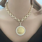 Gold Rose Coin Pendant with Textured Pearl Bezel- Gold Multi Link Chain-Rose Flower Coin- Floral Pearl Pendant- Lobster Clasp