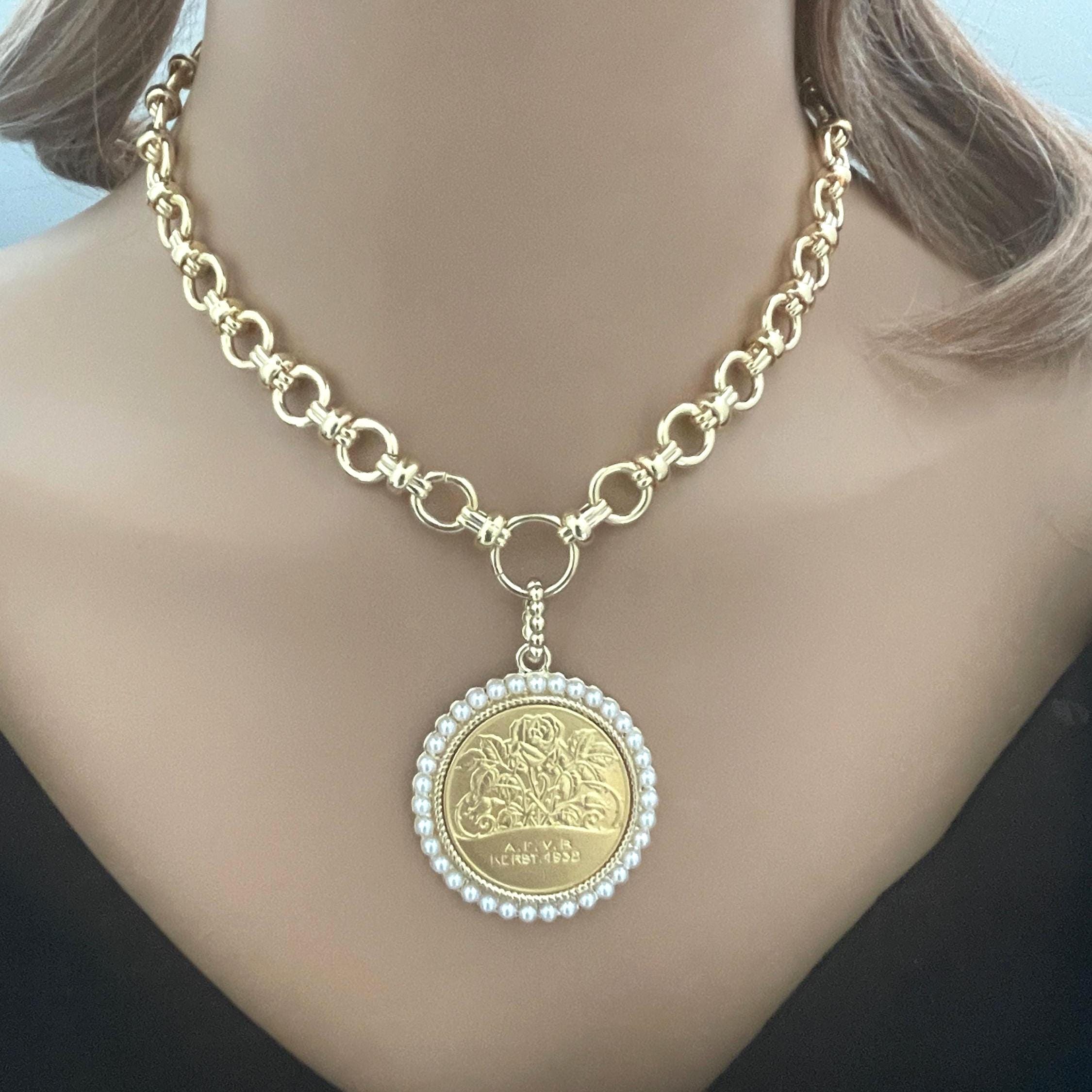 Gold Rose Coin Pendant with Textured Pearl Bezel- Gold Multi Link Chain-Rose Flower Coin- Floral Pearl Pendant- Lobster Clasp