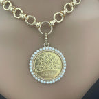Gold Rose Coin Pendant with Textured Pearl Bezel- Gold Multi Link Chain-Rose Flower Coin- Floral Pearl Pendant- Lobster Clasp