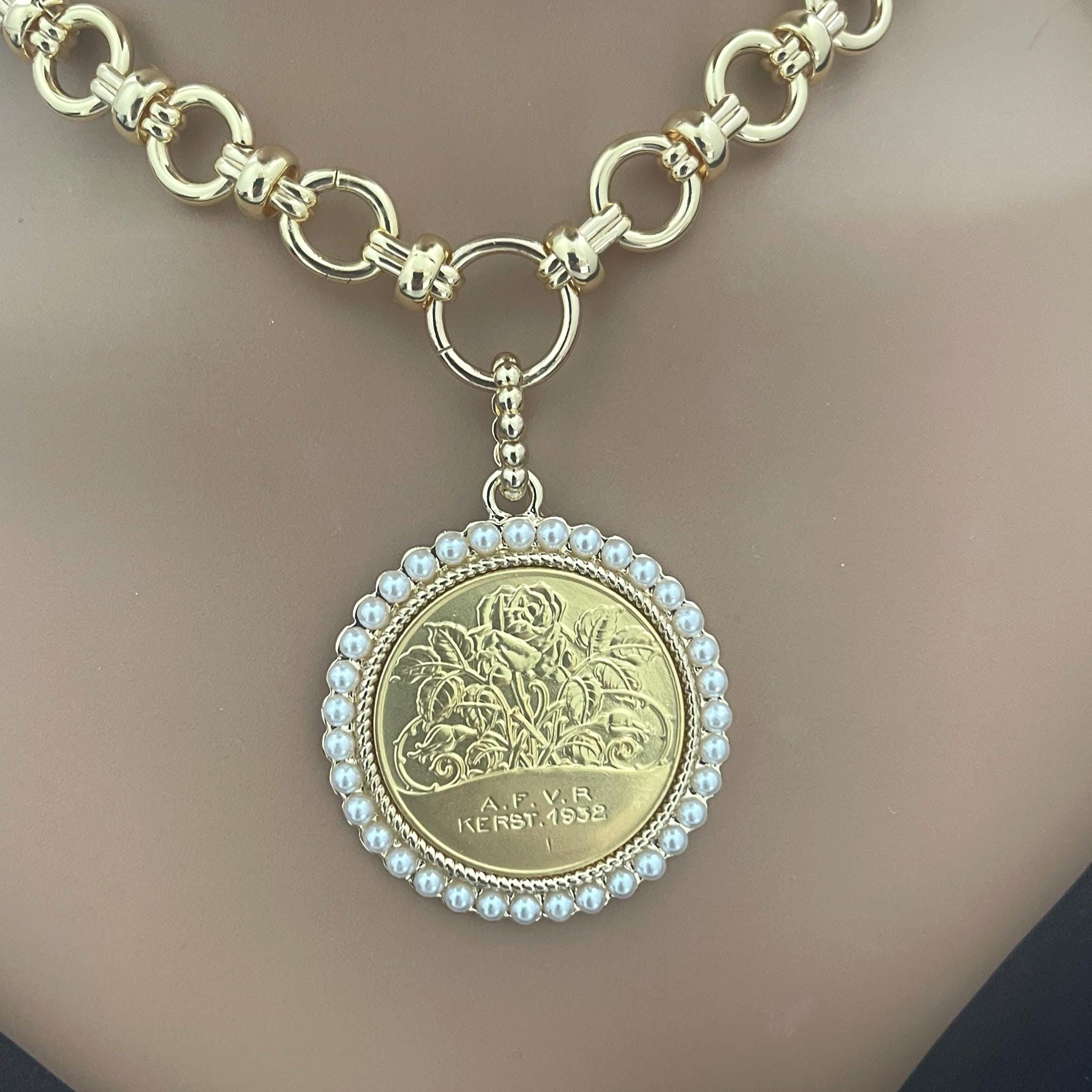 Gold Rose Coin Pendant with Textured Pearl Bezel- Gold Multi Link Chain-Rose Flower Coin- Floral Pearl Pendant- Lobster Clasp