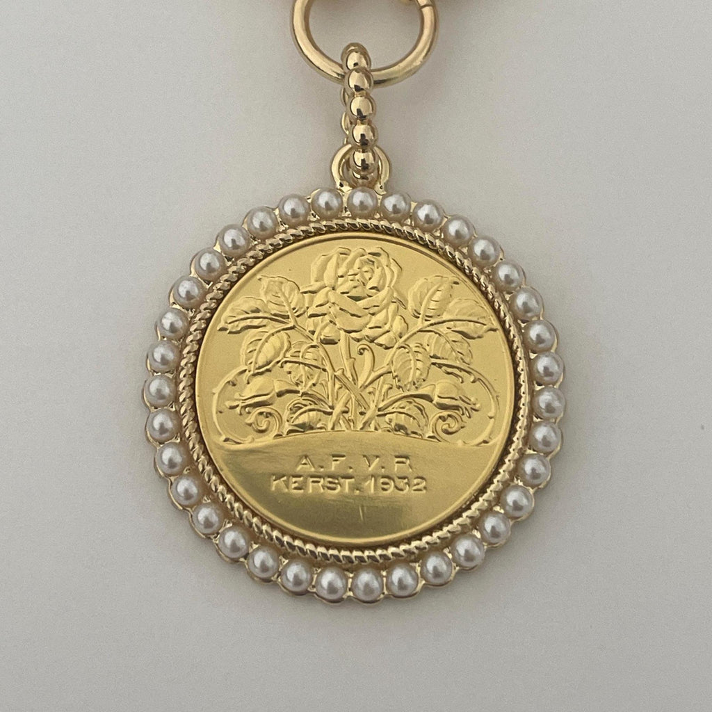 Gold Rose Coin Pendant with Textured Pearl Bezel- Gold Multi Link Chain-Rose Flower Coin- Floral Pearl Pendant- Lobster Clasp