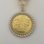 Gold Rose Coin Pendant with Textured Pearl Bezel- Gold Multi Link Chain-Rose Flower Coin- Floral Pearl Pendant- Lobster Clasp