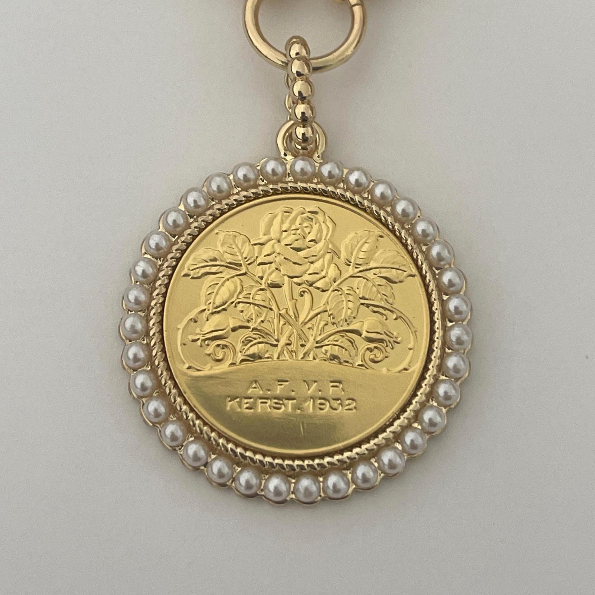 Gold Rose Coin Pendant with Textured Pearl Bezel- Gold Multi Link Chain-Rose Flower Coin- Floral Pearl Pendant- Lobster Clasp