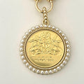 Gold Rose Coin Pendant with Textured Pearl Bezel- Gold Multi Link Chain-Rose Flower Coin- Floral Pearl Pendant- Lobster Clasp