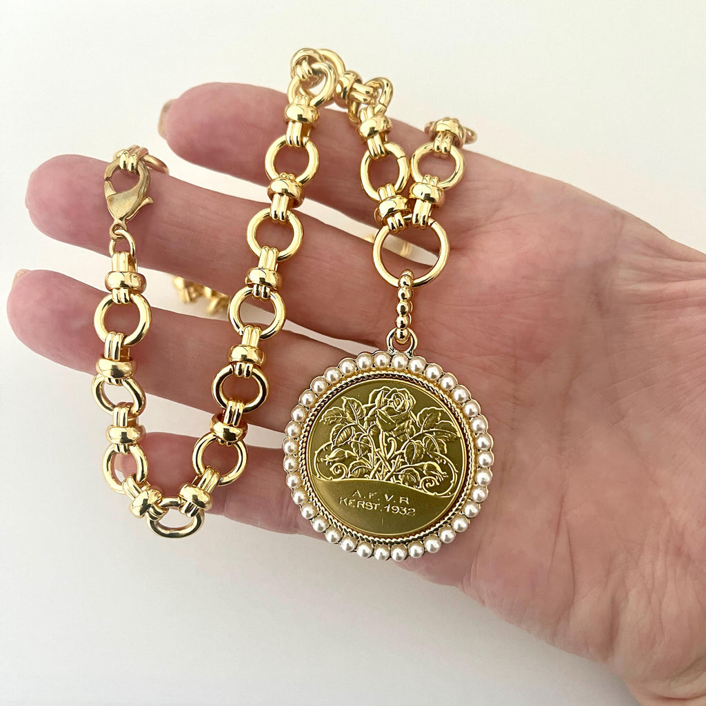 Gold Rose Coin Pendant with Textured Pearl Bezel- Gold Multi Link Chain-Rose Flower Coin- Floral Pearl Pendant- Lobster Clasp