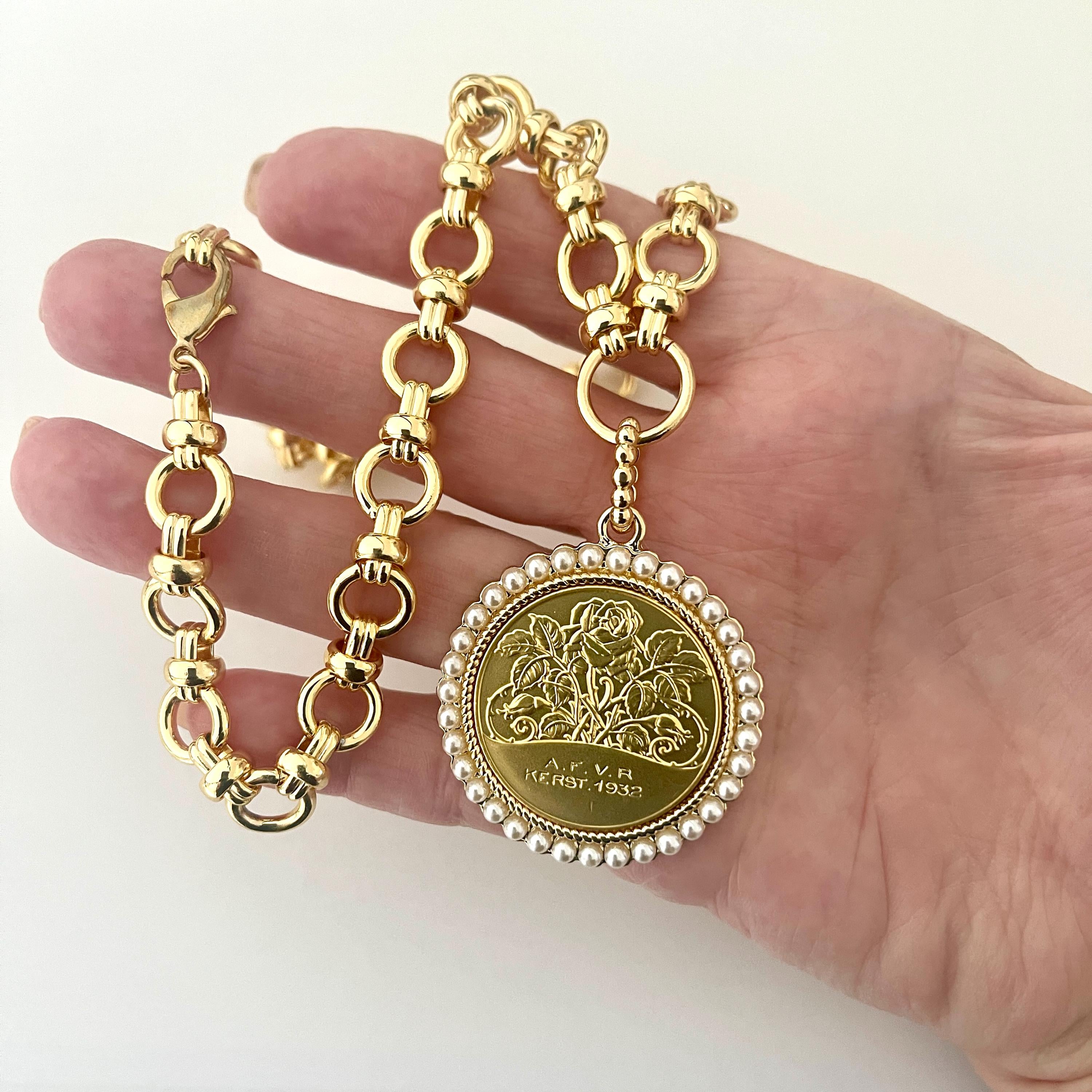 Gold Rose Designed Coin Pendant Necklace – Pearl Bezel, Multi-Link Chain-Gift For Her