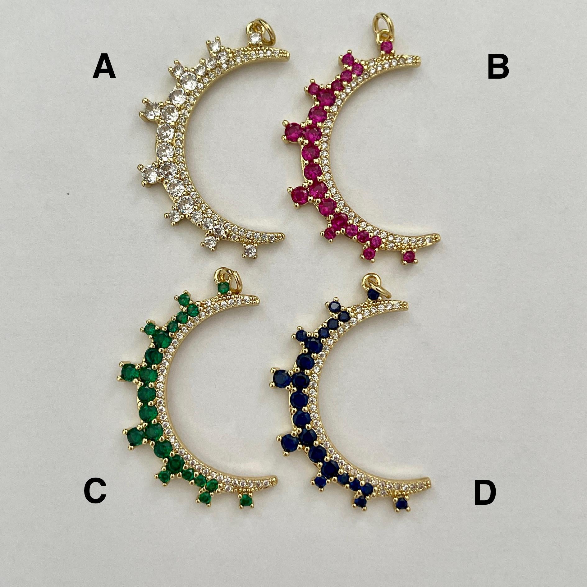 Jewelled Moon Pendant Necklace-Choice of 4 CZ Colors-Gold Paperclip Chain-Spring Lock Clasp-Celestial Jewelry-Gift For Her