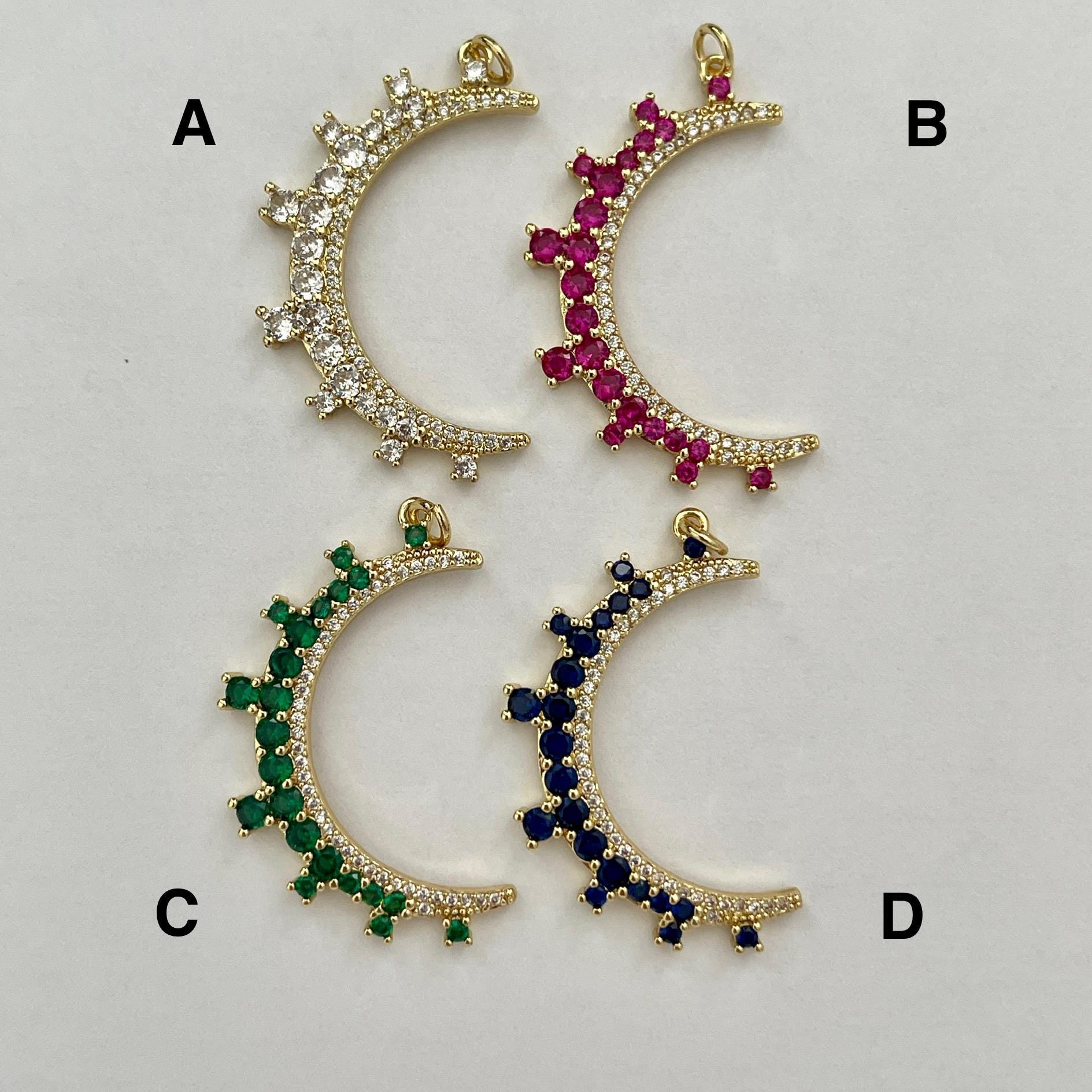 Celestial Moon Pendant Necklace, CZ Gemstone, Gold Paperclip Chain