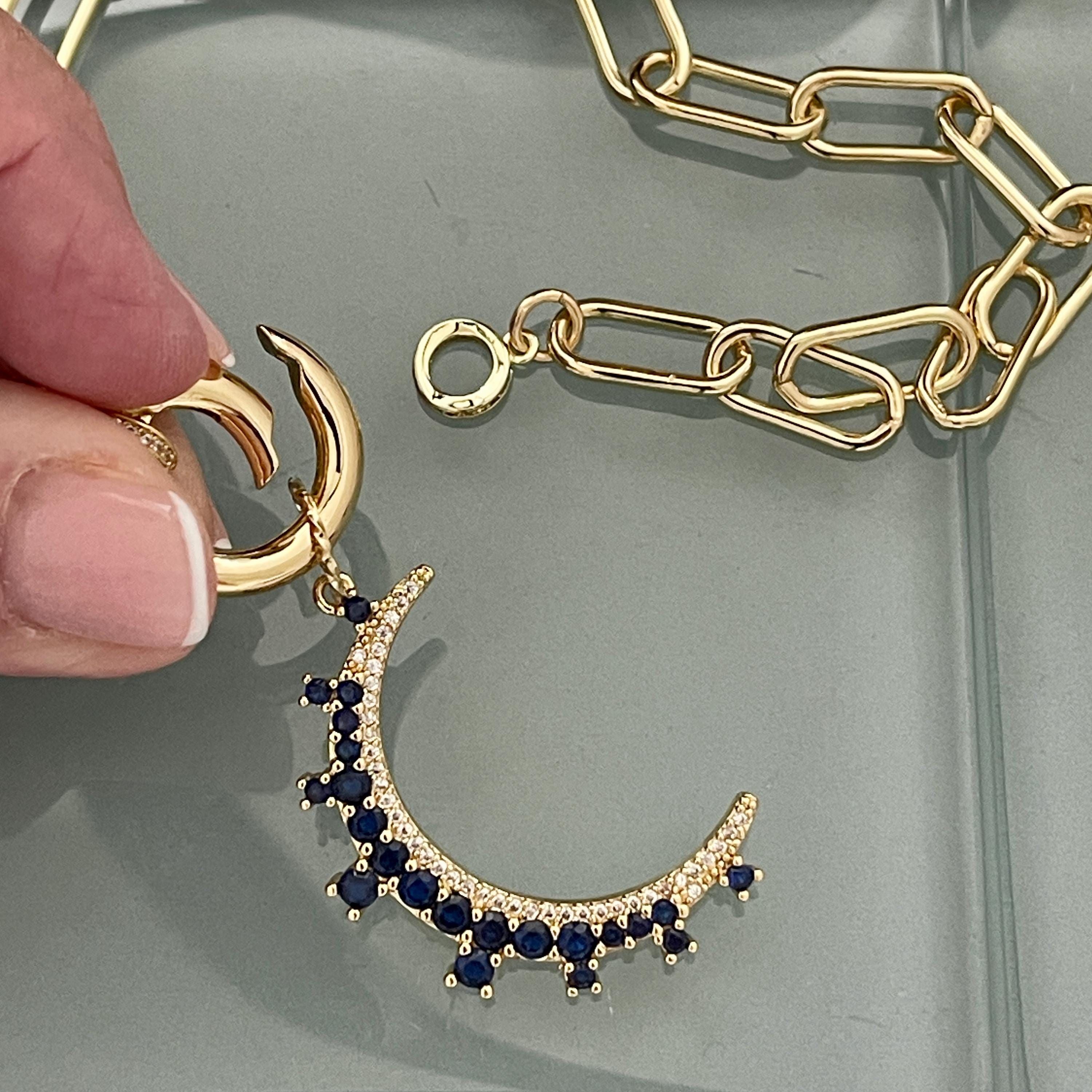 Jewelled Moon Pendant Necklace-Choice of 4 CZ Colors-Gold Paperclip Chain-Spring Lock Clasp-Celestial Jewelry-Gift For Her