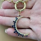 Jewelled Moon Pendant Necklace-Choice of 4 CZ Colors-Gold Paperclip Chain-Spring Lock Clasp-Celestial Jewelry-Gift For Her