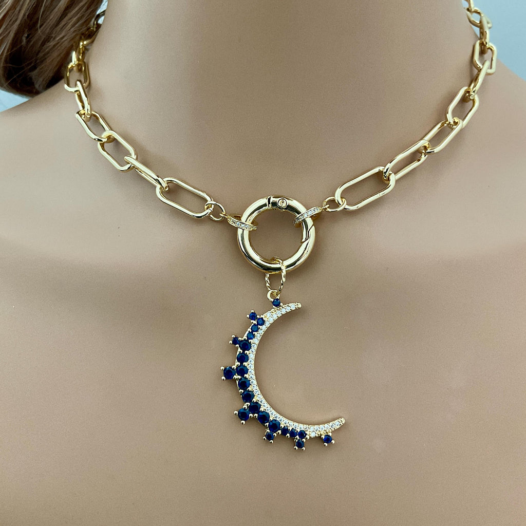 Jewelled Moon Pendant Necklace-Choice of 4 CZ Colors-Gold Paperclip Chain-Spring Lock Clasp-Celestial Jewelry-Gift For Her
