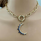 Jewelled Moon Pendant Necklace-Choice of 4 CZ Colors-Gold Paperclip Chain-Spring Lock Clasp-Celestial Jewelry-Gift For Her