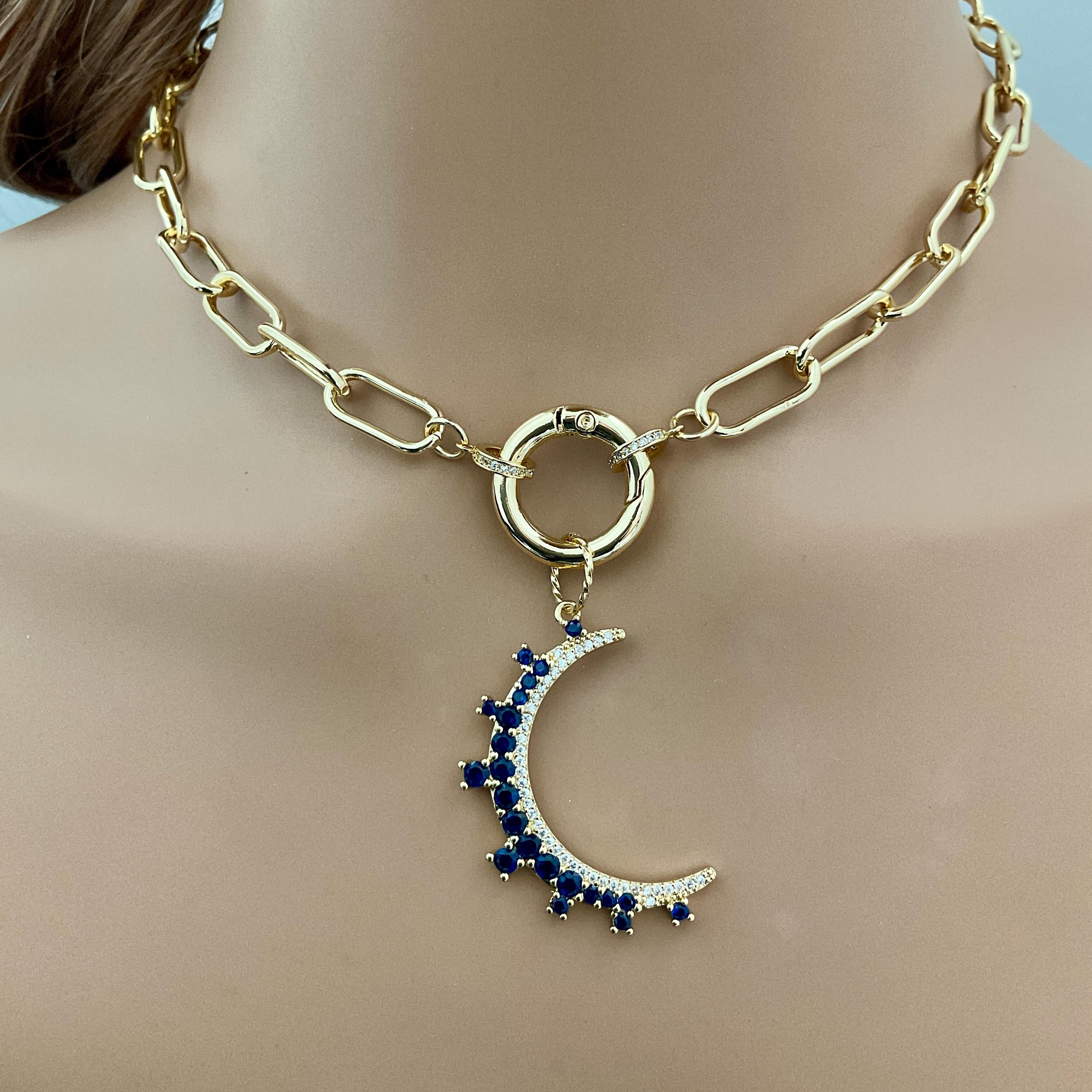 Jewelled Moon Pendant Necklace-Choice of 4 CZ Colors-Gold Paperclip Chain-Spring Lock Clasp-Celestial Jewelry-Gift For Her