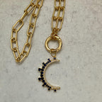 Jewelled Moon Pendant Necklace-Choice of 4 CZ Colors-Gold Paperclip Chain-Spring Lock Clasp-Celestial Jewelry-Gift For Her