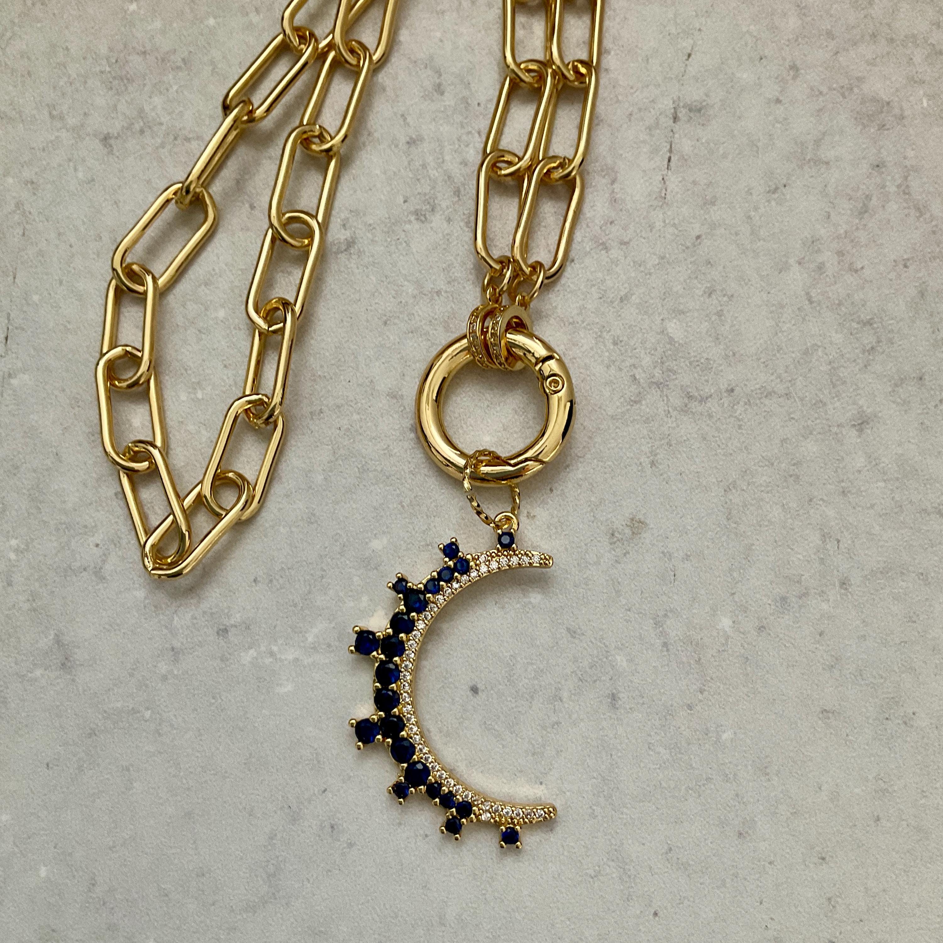 Celestial Moon Pendant Necklace, CZ Gemstone, Gold Paperclip Chain