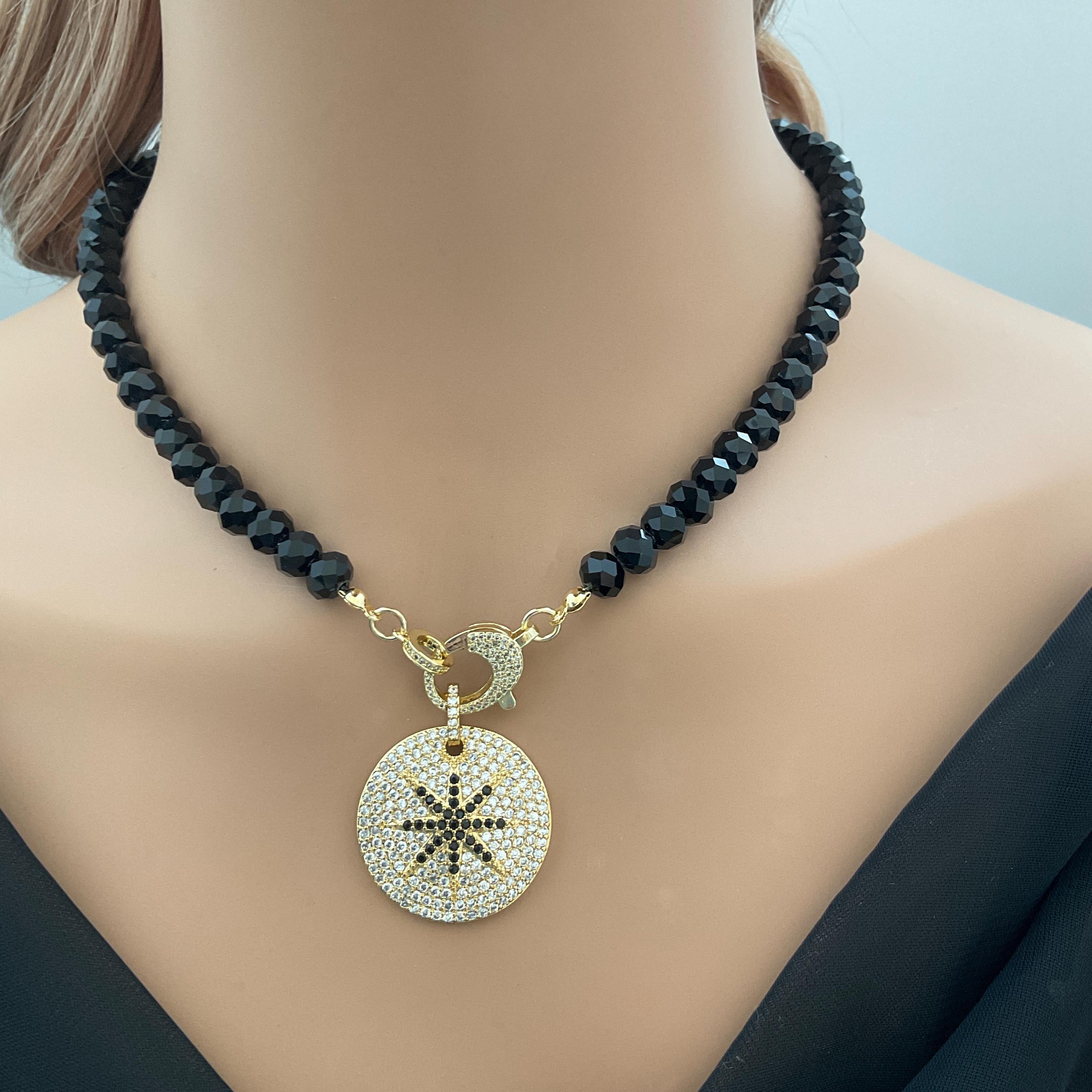 Black Crystal Faceted Bead Necklace-Gold Micro Pave Star Pendant-Mixed Metal Jewelry-Micro Pave Lobster Clasp-18ins-Gift For Her