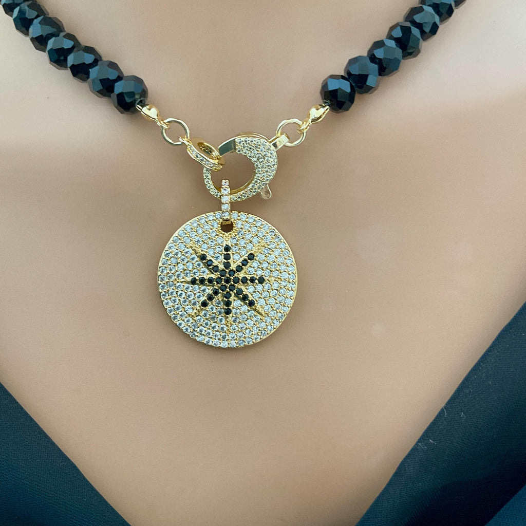 Black Crystal Bead Necklace: Gold Micro Pave Star Pendant, Mixed Metal