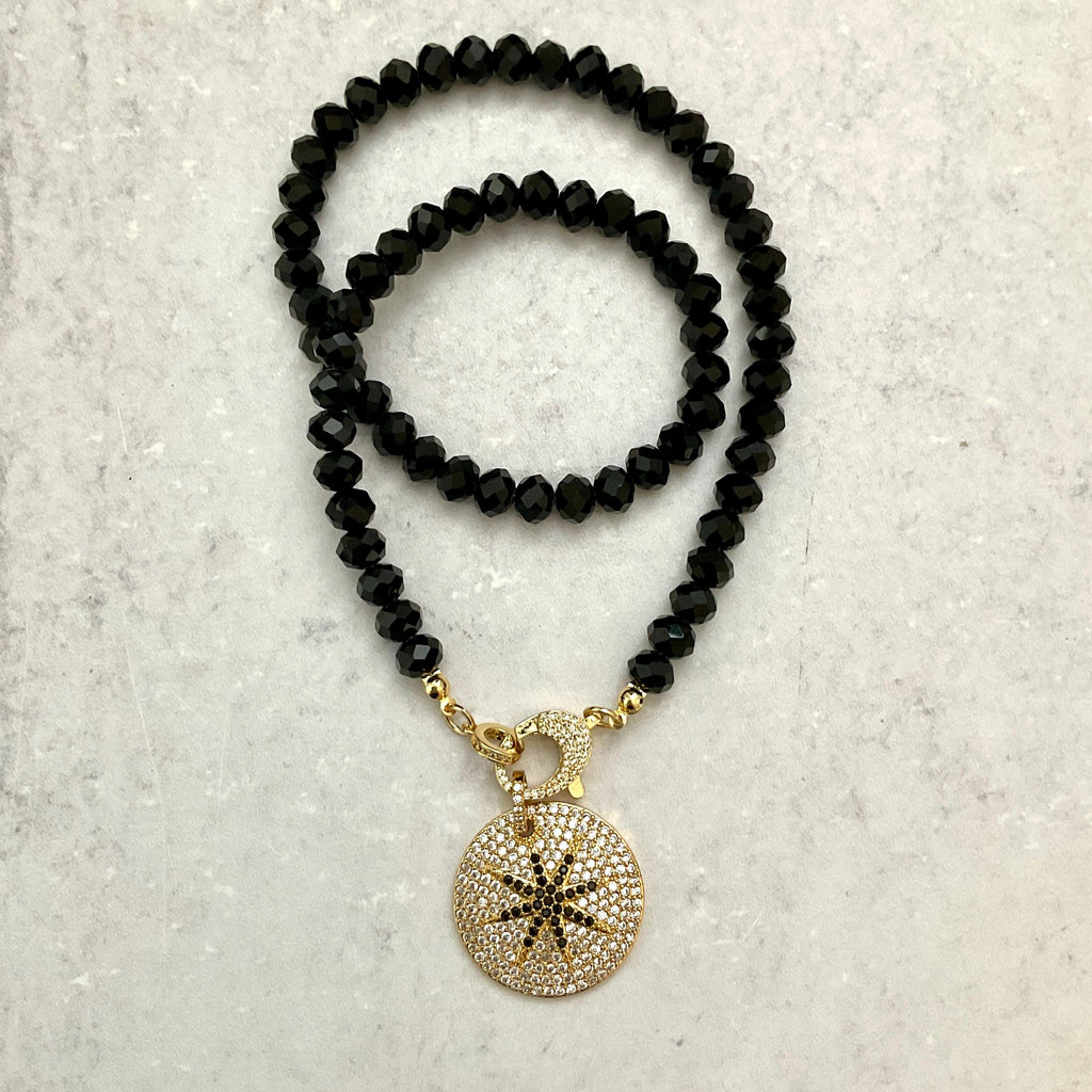 Black Crystal Bead Necklace: Gold Micro Pave Star Pendant, Mixed Metal
