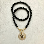 Black Crystal Bead Necklace: Gold Micro Pave Star Pendant, Mixed Metal