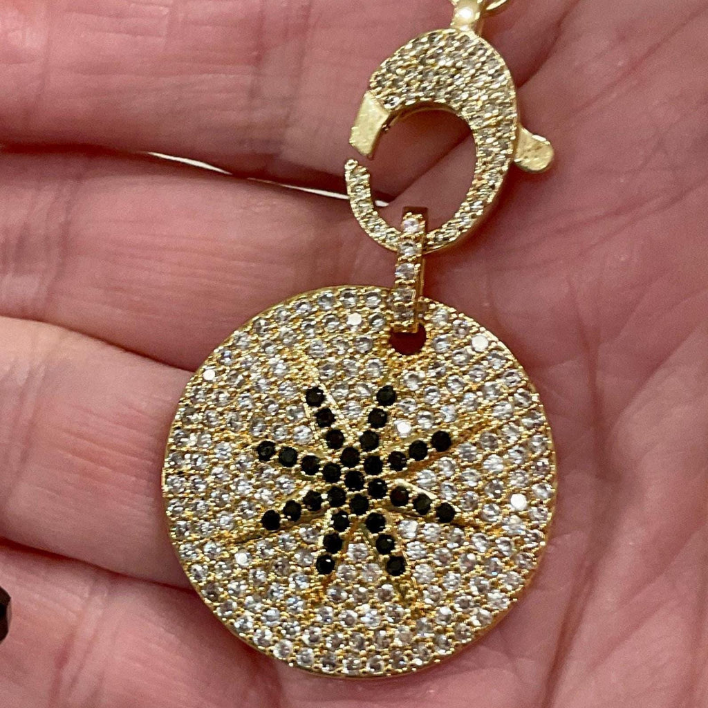Black Crystal Faceted Bead Necklace-Gold Micro Pave Star Pendant-Mixed Metal Jewelry-Micro Pave Lobster Clasp-18ins-Gift For Her