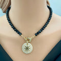 Black Crystal Bead Necklace: Gold Micro Pave Star Pendant, Mixed Metal