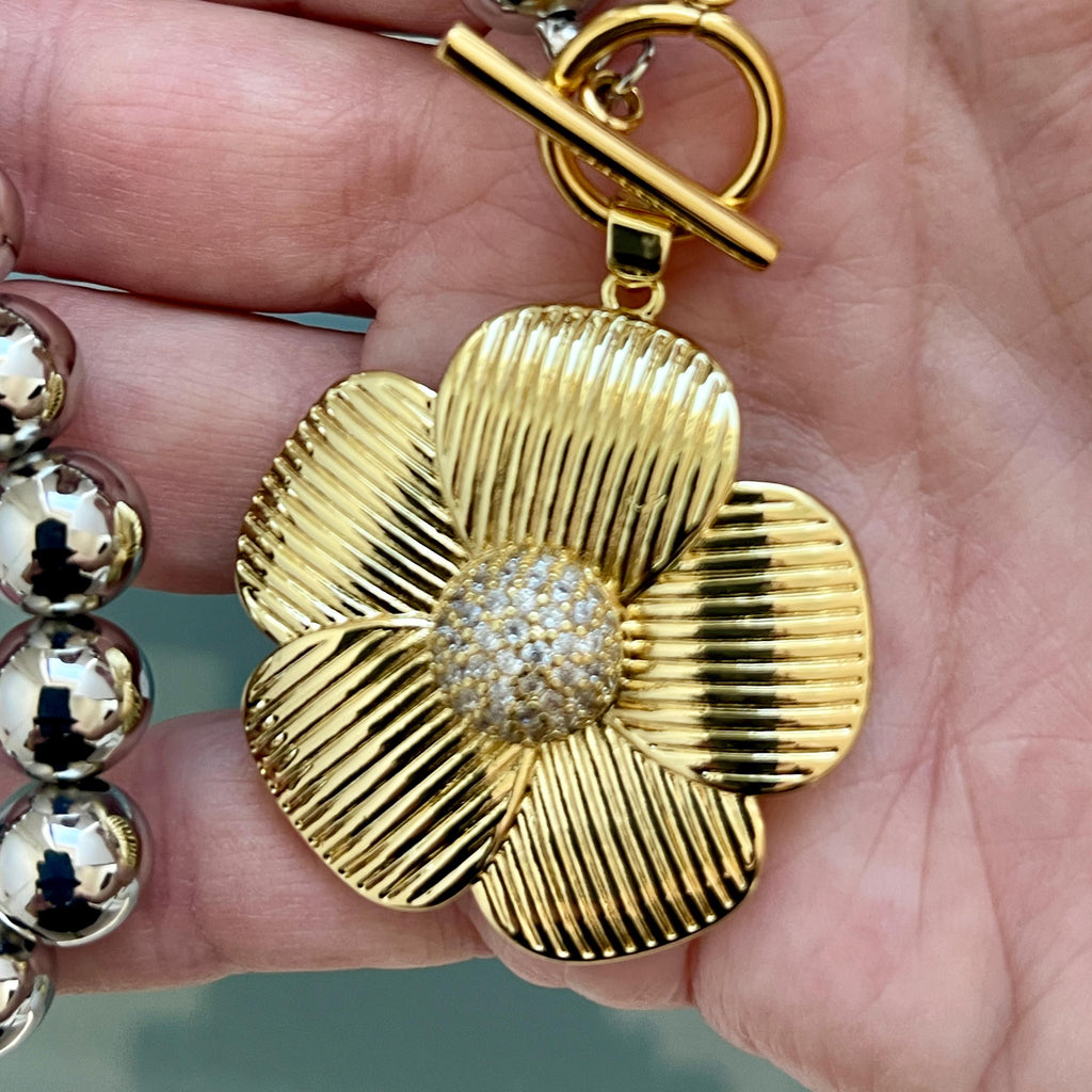Silver Plated Silicone Bead Necklace- Gold Textured CZ Flower Pendant- Mixed Metal Jewelry-Toggle Clasp-16in Statement Necklace-Gift For Her
