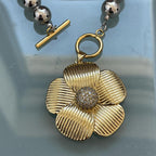 Silver Plated Silicone Bead Necklace- Gold Textured CZ Flower Pendant- Mixed Metal Jewelry-Toggle Clasp-16in Statement Necklace-Gift For Her