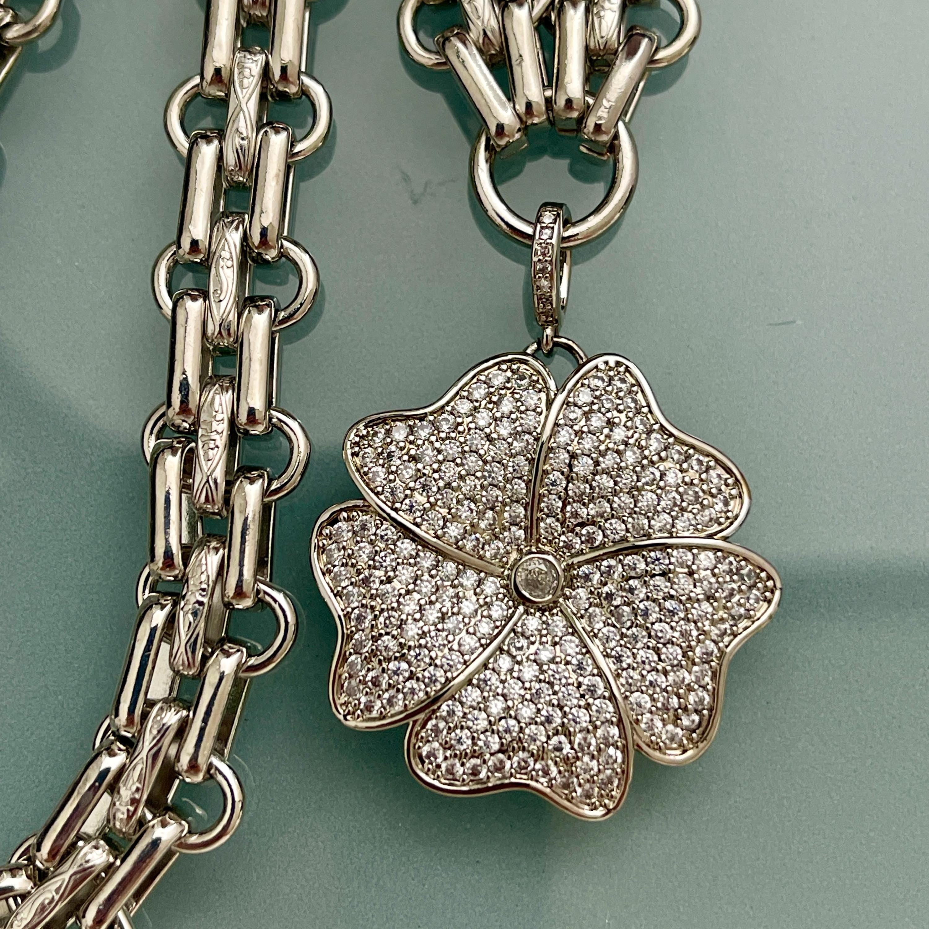 Silver Chunky Chain Necklace - Cubic Zirconia Flower Pendant