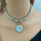 Silver Chunky Multilink Chain Necklace- Micro Pave Flower Pendant-CZ Charm-Silver Textured Chain Necklace-Lobster Clasp-Gift For Her
