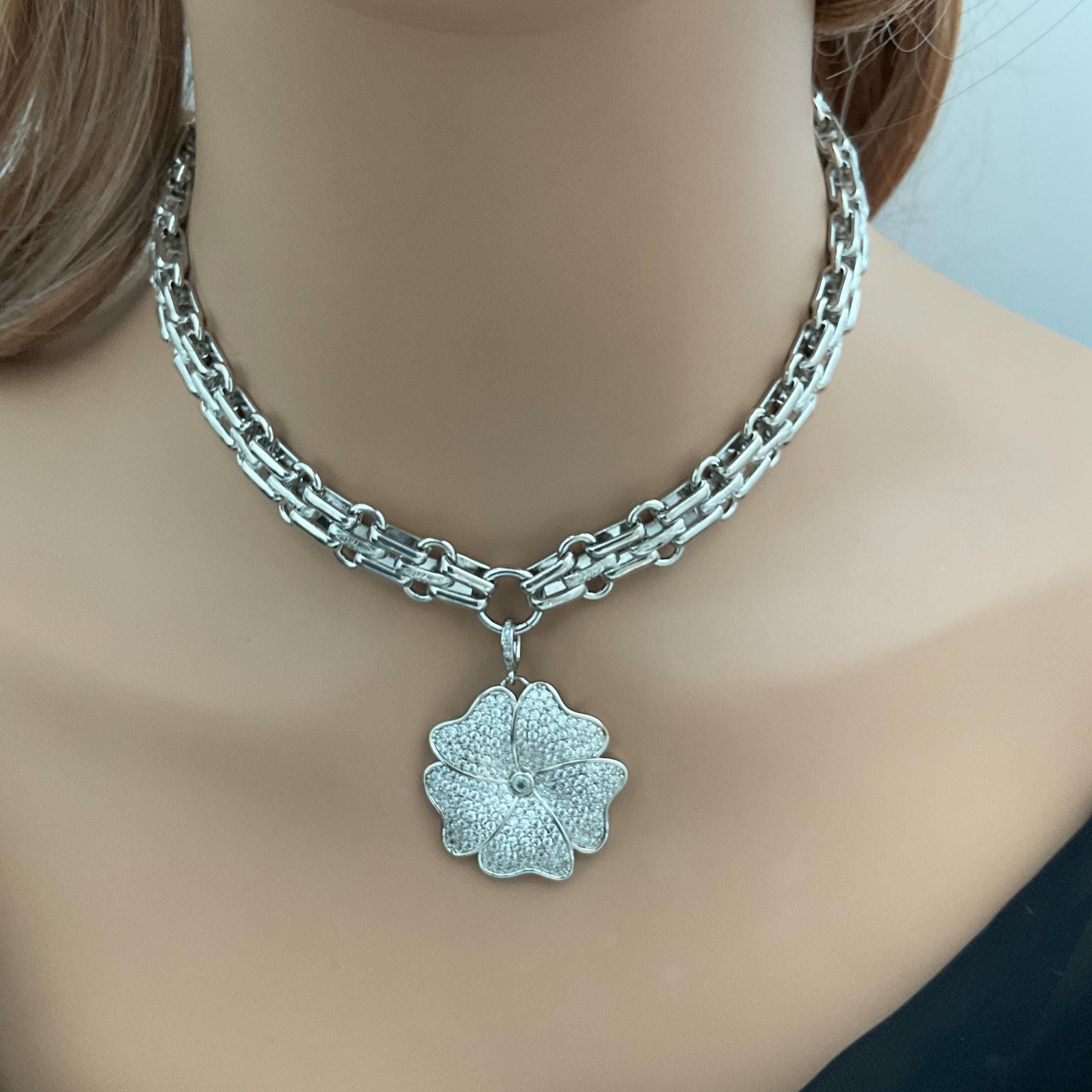 Silver Chunky Multilink Chain Necklace- Micro Pave Flower Pendant-CZ Charm-Silver Textured Chain Necklace-Lobster Clasp-Gift For Her