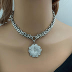 Silver Chunky Multilink Chain Necklace- Micro Pave Flower Pendant-CZ Charm-Silver Textured Chain Necklace-Lobster Clasp-Gift For Her