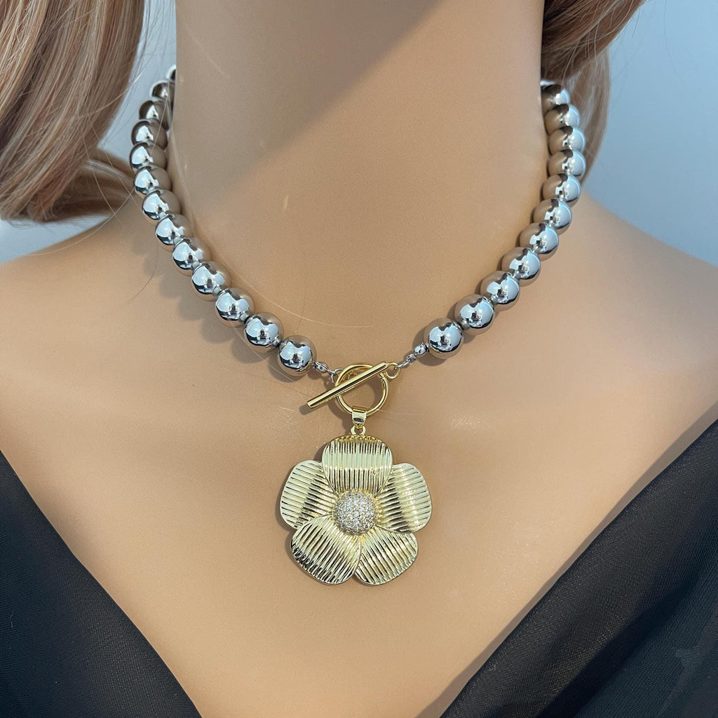 Silver Plated Silicone Bead Necklace- Gold Textured CZ Flower Pendant- Mixed Metal Jewelry-Toggle Clasp-16in Statement Necklace-Gift For Her