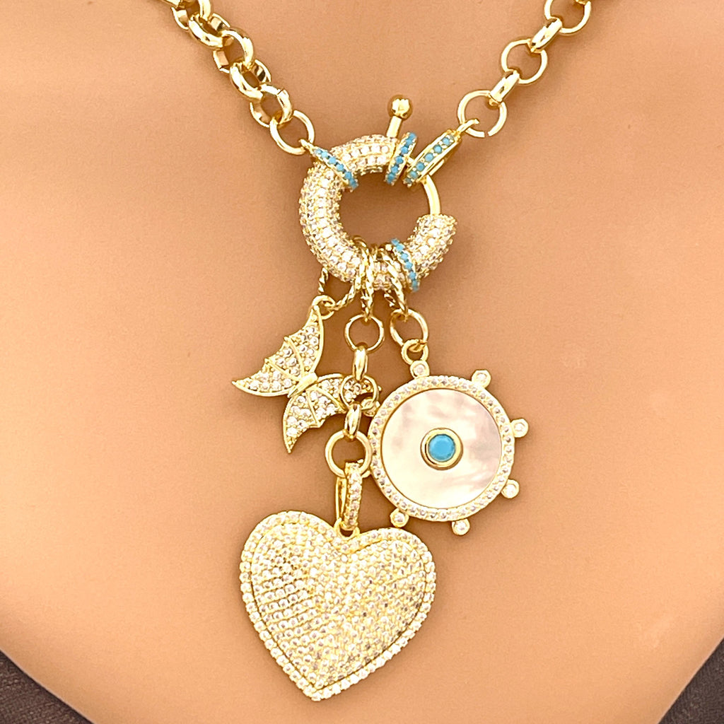 Gold Multi Charm Necklace-Rolo Chain-CZ Turquoise Mariner Clasp-Gold and Turquoise Mother Of Pearl Charm-CZ Heart Pendant-Butterfly Charm