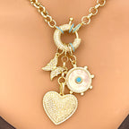 Gold Multi Charm Necklace-Rolo Chain-CZ Turquoise Mariner Clasp-Gold and Turquoise Mother Of Pearl Charm-CZ Heart Pendant-Butterfly Charm
