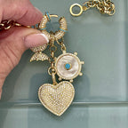 Gold Multi Charm Necklace-Rolo Chain-CZ Turquoise Mariner Clasp-Gold and Turquoise Mother Of Pearl Charm-CZ Heart Pendant-Butterfly Charm