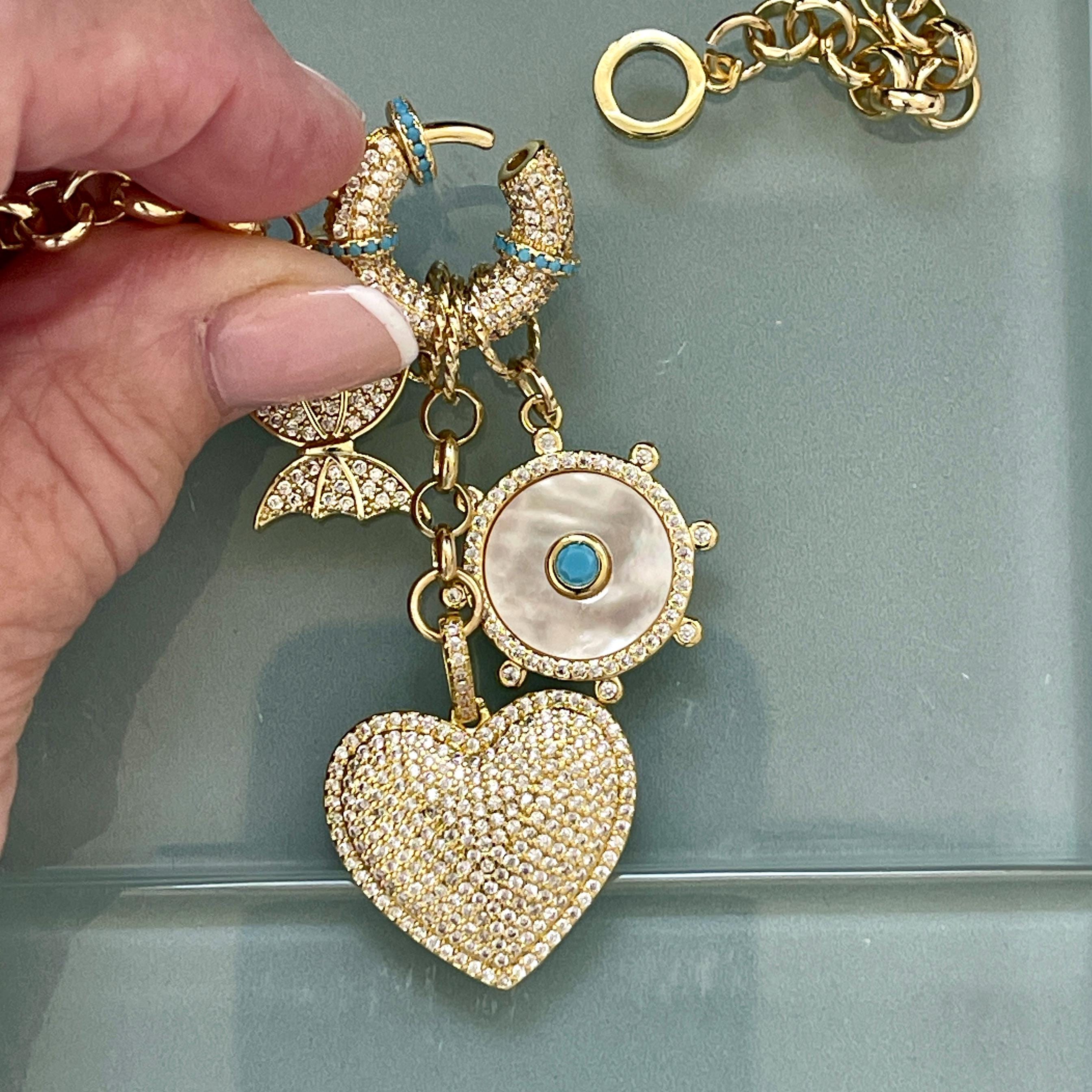 Gold Multi Charm Necklace-Rolo Chain-CZ Turquoise Mariner Clasp-Gold and Turquoise Mother Of Pearl Charm-CZ Heart Pendant-Butterfly Charm