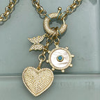 Gold Multi Charm Necklace-Rolo Chain-CZ Turquoise Mariner Clasp-Gold and Turquoise Mother Of Pearl Charm-CZ Heart Pendant-Butterfly Charm