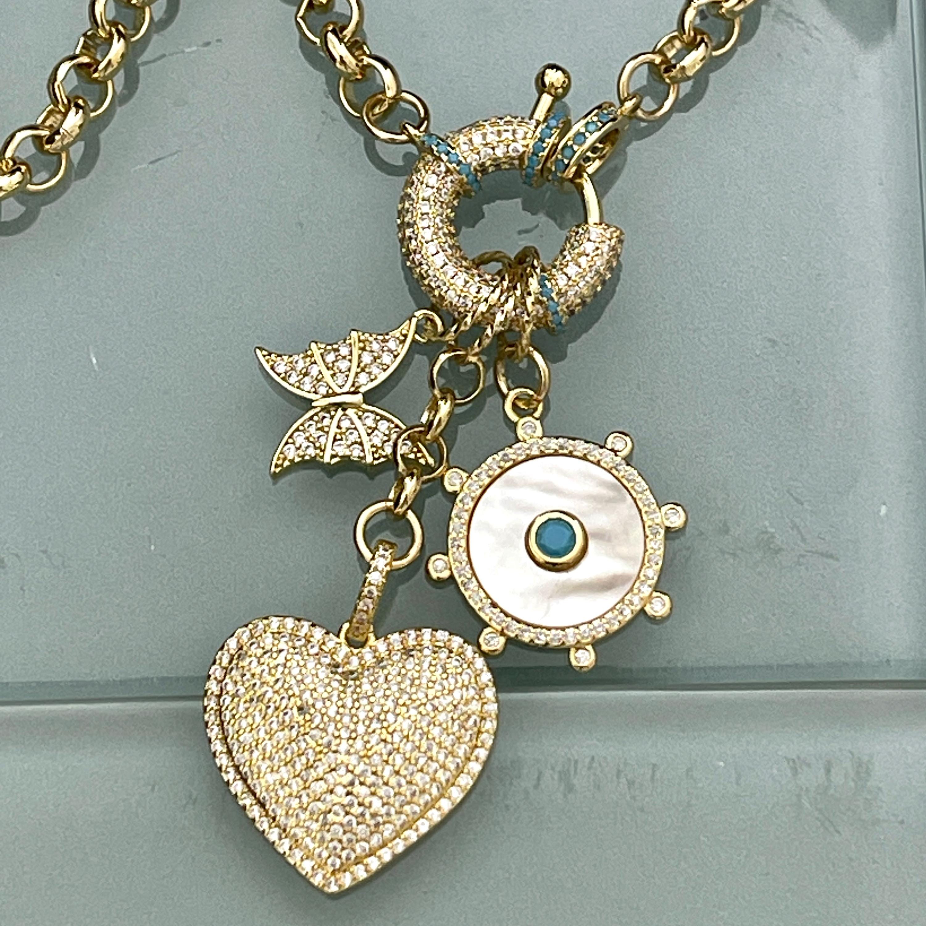 Gold Charm Necklace: CZ, Turquoise, Mother of Pearl Charms