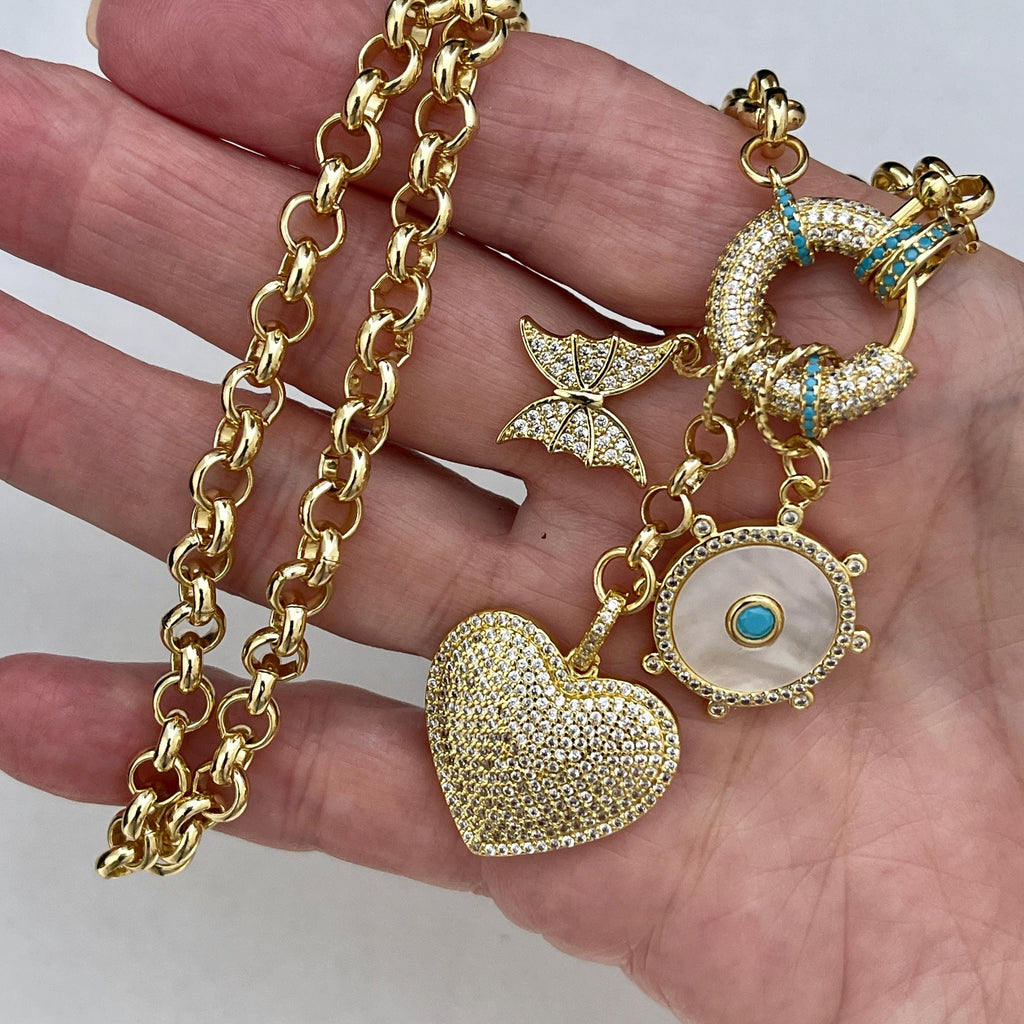 Gold Charm Necklace: CZ, Turquoise, Mother of Pearl Charms