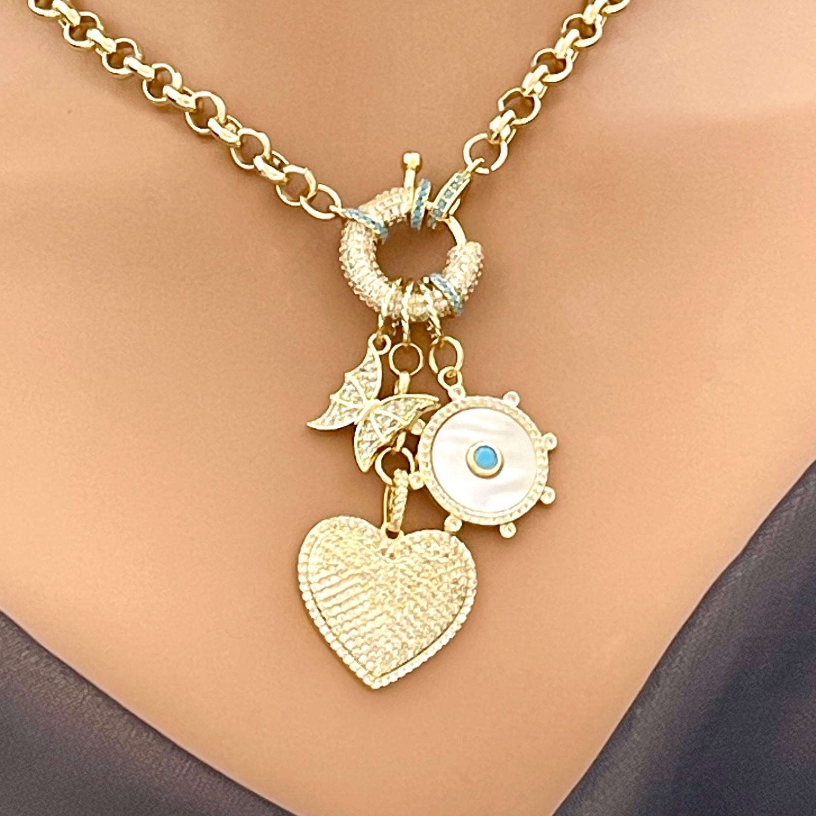 Gold Charm Necklace: CZ, Turquoise, Mother of Pearl Charms