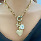 Gold Multi Charm Necklace-Rolo Chain-CZ Turquoise Mariner Clasp-Gold and Turquoise Mother Of Pearl Charm-CZ Heart Pendant-Butterfly Charm
